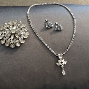 STUNNING ART DECO BAGUETTE RHINESTONE PARURE EARS PIN NECKLACE SET